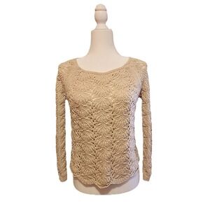 Ann Taylor Loft Womens Open Knit Sweater M Ivory Cotton Crochet Top Boho Cottage